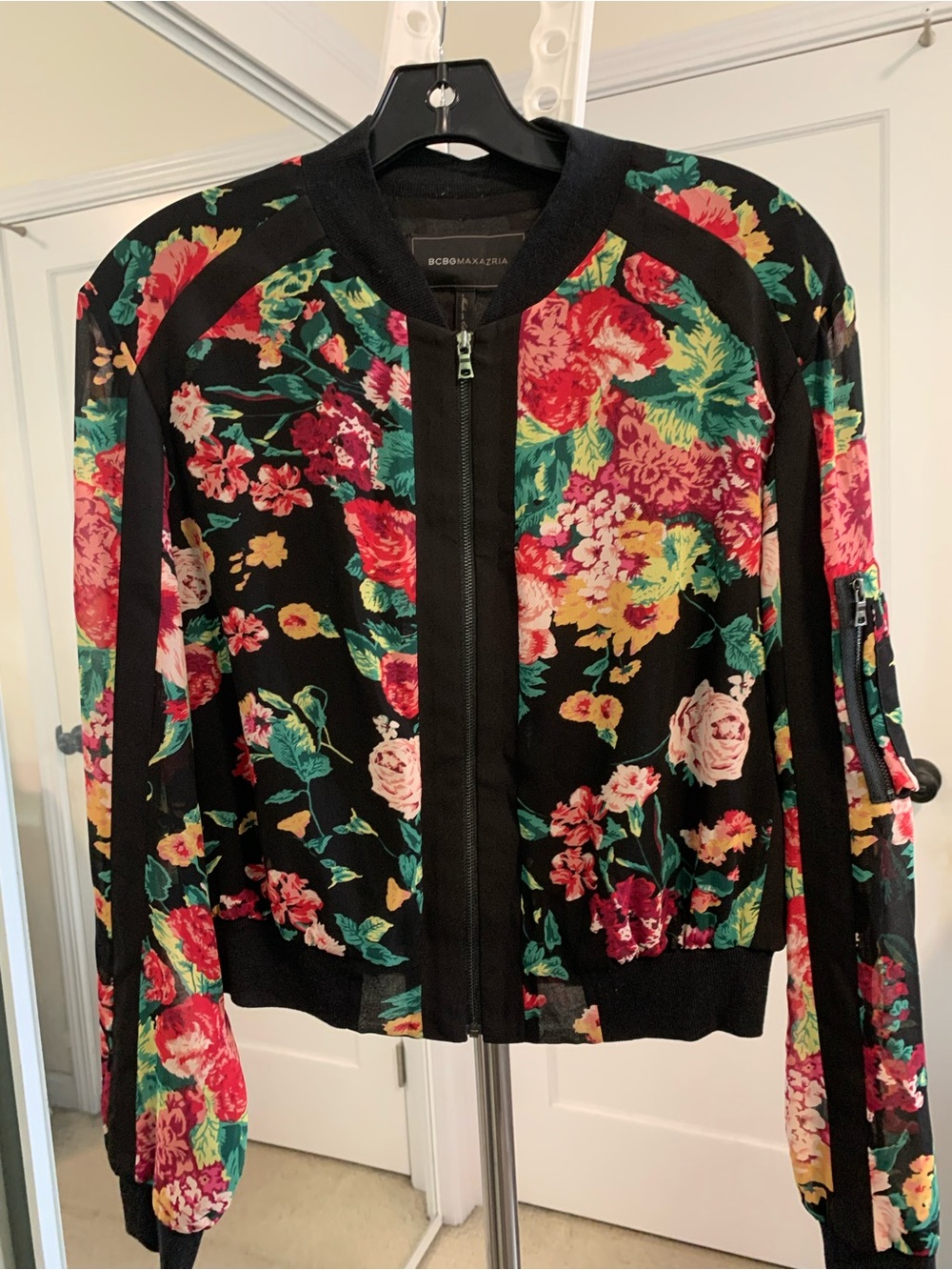 BCBGMaxAzria Black Floral Top / Bomber Jacket with Multicolor Blooms, Small